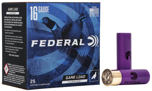 Federal Hi Brass Load 16 Guage 2 3/4" 1 1/8oz #4 Shot Box/25 Federal Hi Brass Load 16 Guage 2 3/4" 1 1/8oz #4 Shot Box/25