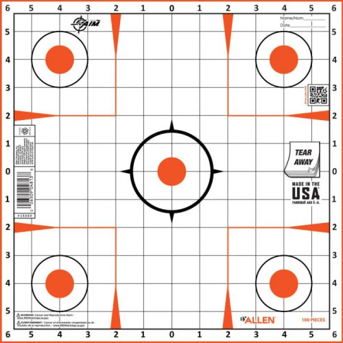 Allen EZ Aim Paper Shooting Targets, Sight-In Grid, Peel Away Target Pad, 12" Square, 100-Pack, Oran