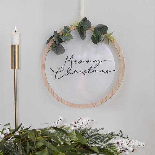 Acrylic Merry Christmas Wreath with Wooden Hoop and Artificial Eucalyptus