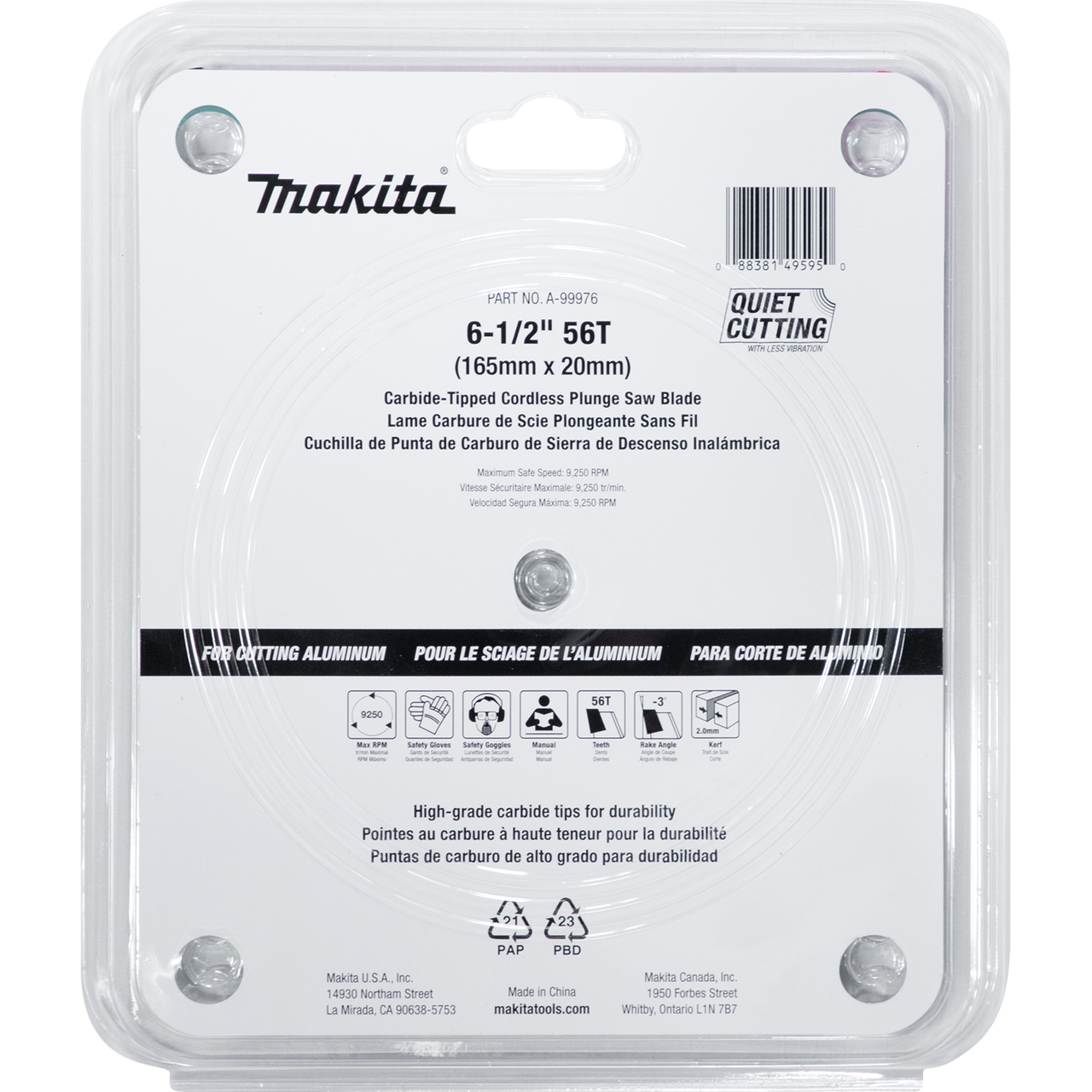 Makita A-99976 6-1/2" X 56T Carbide Tipped Plunge Saw Blade For Aluminum
