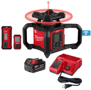 Milwaukee 3704-21 M18 Red Exterior Dual Slope Rotary Laser Level Kit with Receiver and Remote