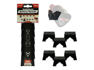 StealthMounts Milwaukee M12 Battery Holders 6-Pack in black, showing individual mounts and one battery clipped into a holder for organized storage