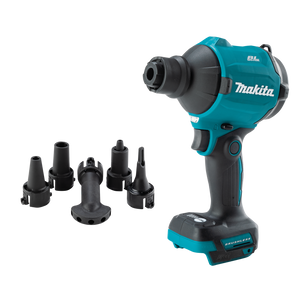 Makita 18V cordless blower/inflator with in-line design and nozzle for dust and debris removal.