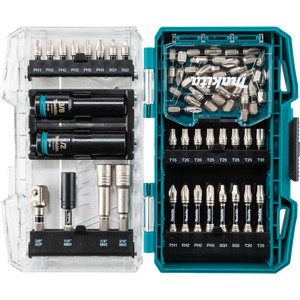 Makita drill and screwdriver bit set organized in labeled dual-compartment case.
