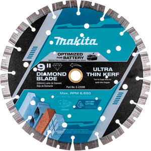 Makita 9" diamond blade for cordless saws, ultra thin kerf, wet/dry cutting, max 6,650 RPM.