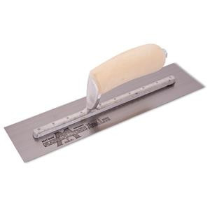 Concrete finishing trowel with wooden handle and branded metal blade on a flat surface.