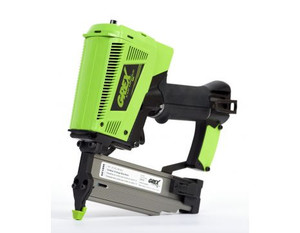 Grex GC1850 cordless 18-gauge brad nailer with green and black metal body, angled magazine, and no-mar tip, shown on a white background.