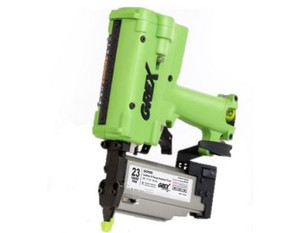 Grex GCP650 cordless 23-gauge micro pin nailer with green and black housing, compact body, and straight magazine, shown against a white background.
