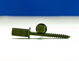 Two reusable green Little Johnson concrete form screws stacked in a cross formation on a white background.