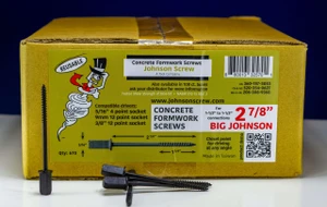 670-count box of Big Johnson reusable concrete formwork screws with 4 screws displayed in front, featuring square duplex heads and chisel-point tips for concrete stake and form board fastening.