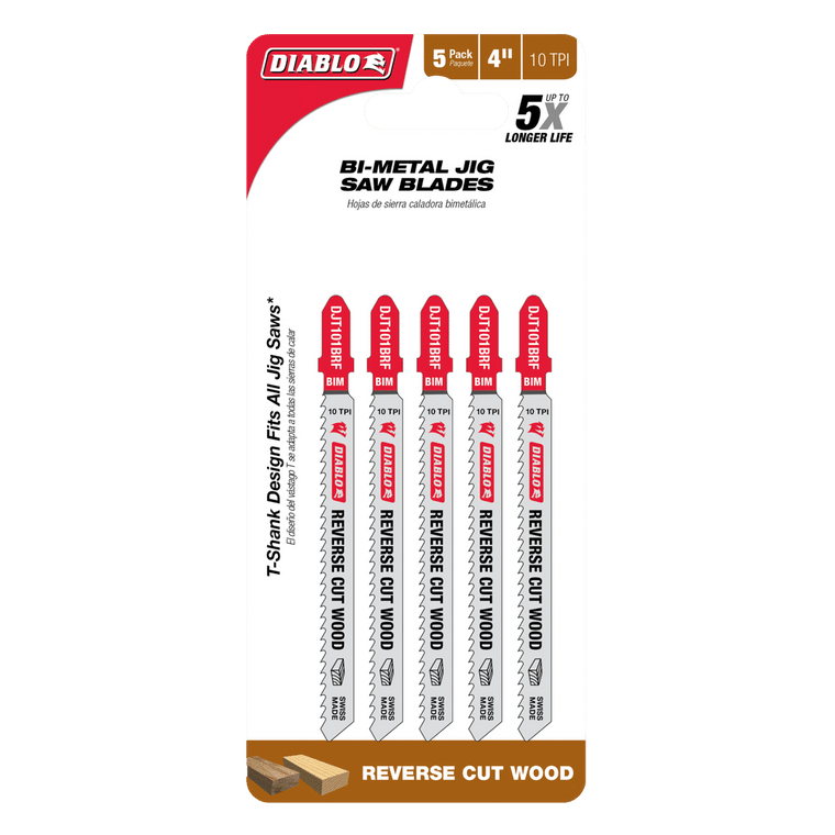 Diablo DJT101BRF5 4-Inch 10 TPI Bi-Metal T-Shank Jig Saw Blades for Reverse Cuts in Wood (5-Pack)