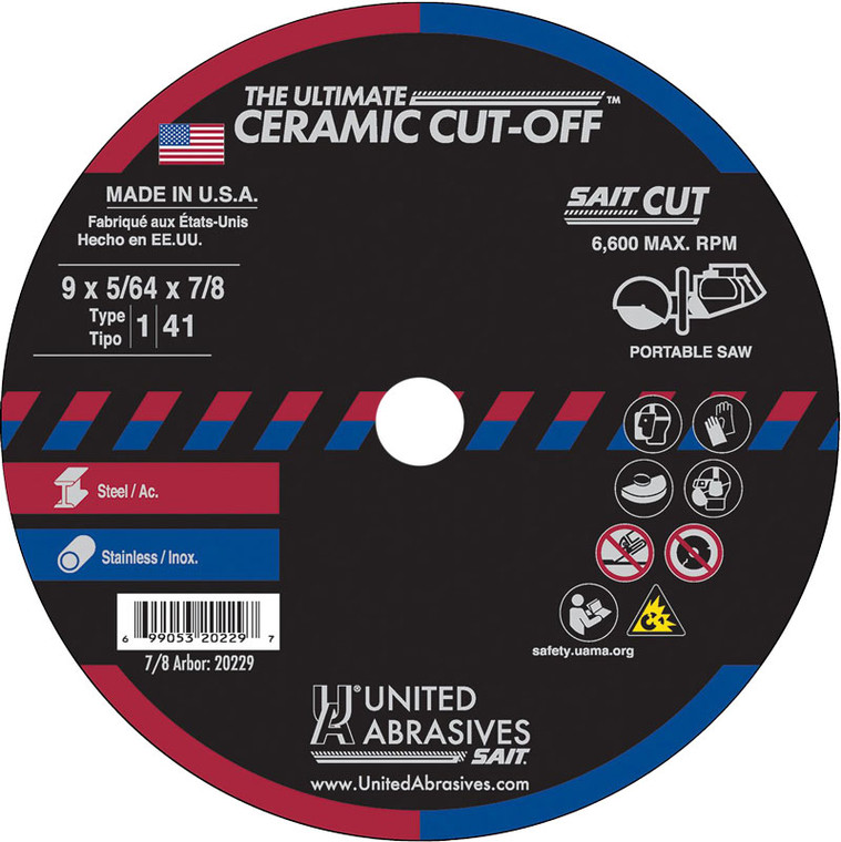 United Abrasives 20229 9" x 5/64" x 7/8" Ultimate Ceramic Abrasive Cut-Off Wheel