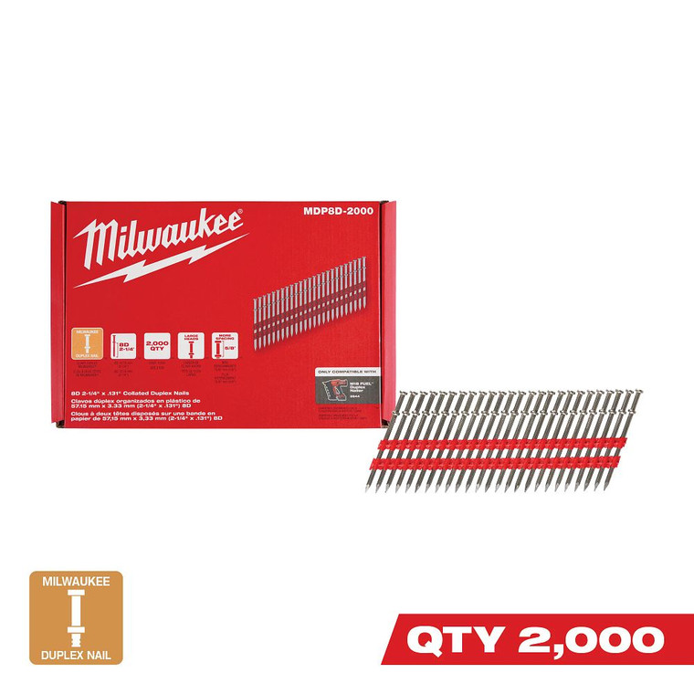 Milwaukee MDP8D-2000 8D 2-1/4" x .131" Collated Duplex Nails (2000-Count Box)