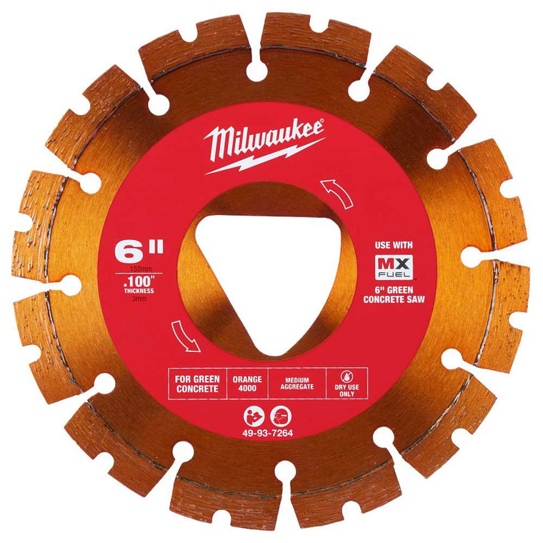 Milwaukee 49-93-7264 Orange 6-Inch x .100-Inch Diamond Blade for Green Concrete - Medium Aggregate
