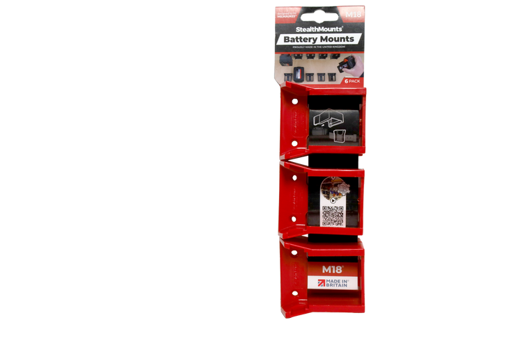 StealthMounts red battery mounts for Milwaukee M18 batteries, 6-pack, displayed in retail packaging with visible product compartments and labels.