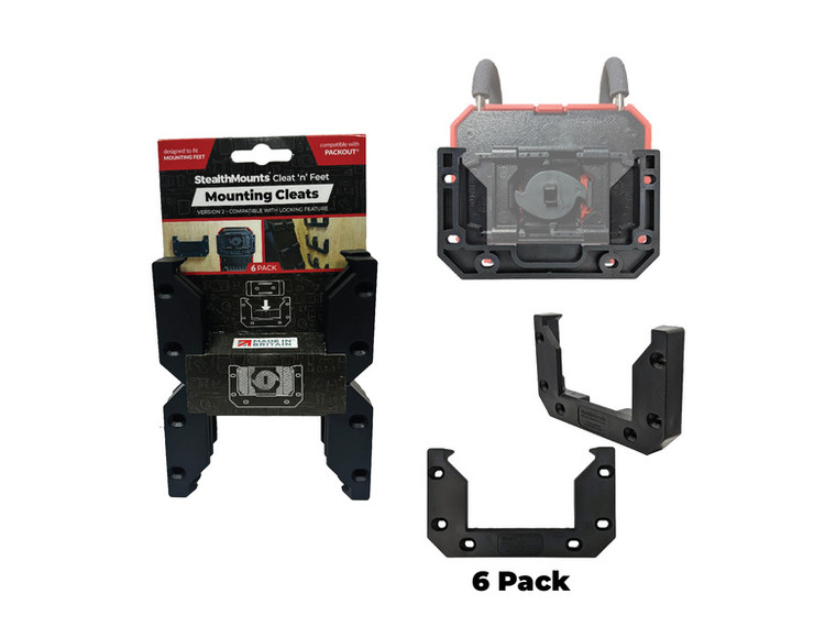StealthMounts Cleat 'n' Feet Mounting Cleats V2 6-pack, compatible with Milwaukee Packout system, shown in retail packaging and individual components.