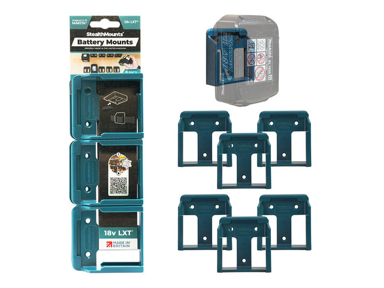 StealthMounts Battery Mounts 6-Pack for Makita 18V LXT batteries in blue. Image shows retail packaging with three mounts stacked inside, alongside six individual mounts and an example of a battery clipped into one holder.