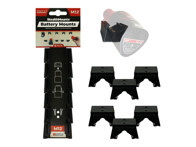 StealthMounts Milwaukee M12 Battery Holders 6-Pack in black, showing individual mounts and one battery clipped into a holder for organized storage