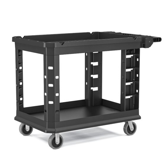 Black Suncast heavy-duty utility cart with adjustable 3-position handle, utility rail, conduit notches, and TPR-coated wheels