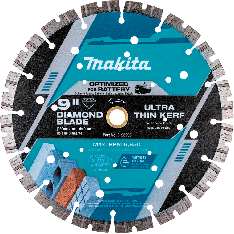 Makita 9" diamond blade for cordless saws, ultra thin kerf, wet/dry cutting, max 6,650 RPM.