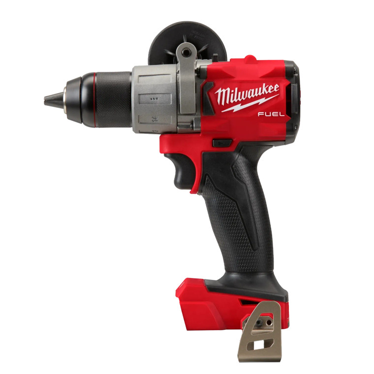 Milwaukee FUEL cordless power drill with side handle, black grip, and red body.
