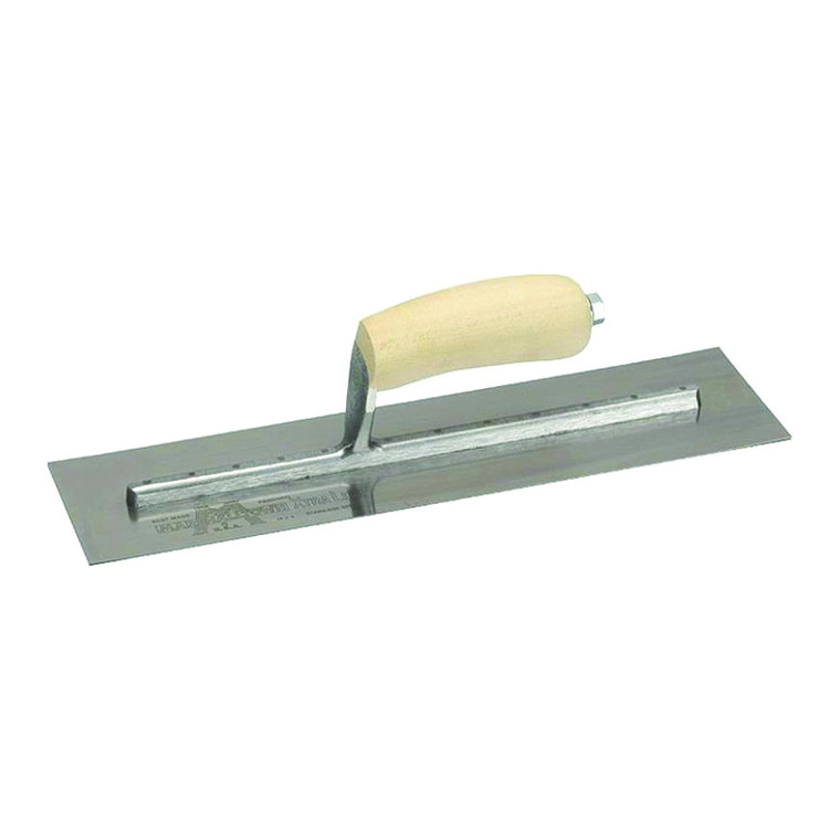 Concrete finishing trowel with flat steel blade and wooden handle for smoothing surfaces.