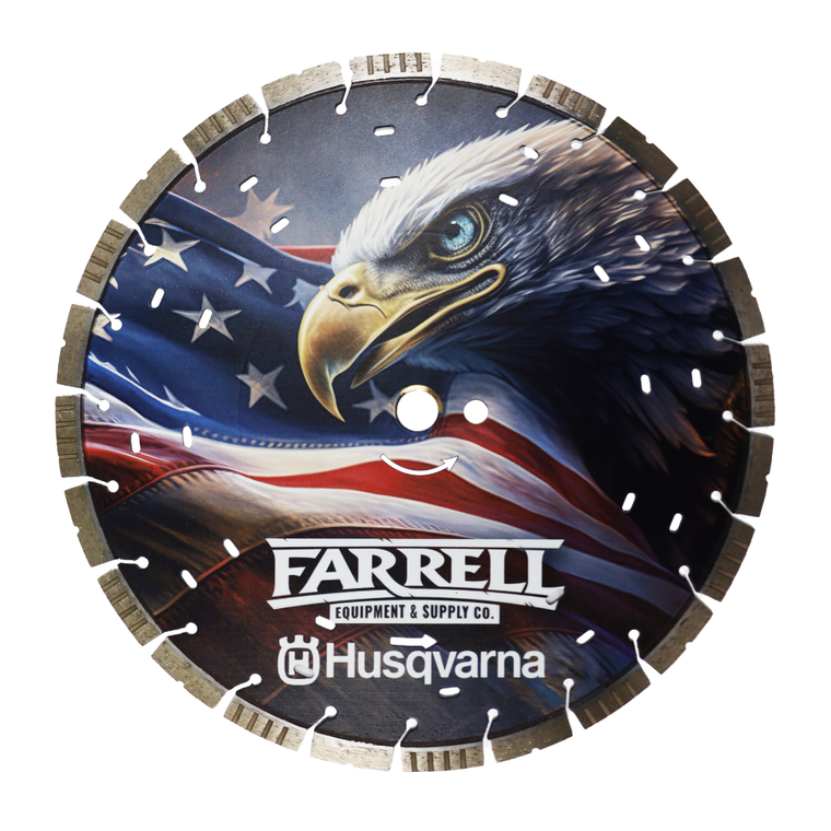 14-inch Husqvarna diamond saw blade with Farrell Equipment & Supply branding, displayed over a patriotic graphic featuring a left-facing bald eagle and flowing American flag.