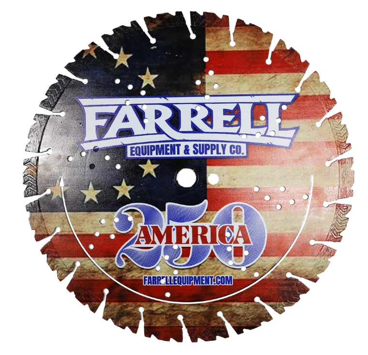 14-inch Patriotic 250th Year Flag Turbo Diamond Blade for cutting concrete, brick, block, and asphalt featuring an America 250 commemorative flag design.