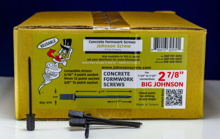 670-count box of Big Johnson reusable concrete formwork screws with 4 screws displayed in front, featuring square duplex heads and chisel-point tips for concrete stake and form board fastening.