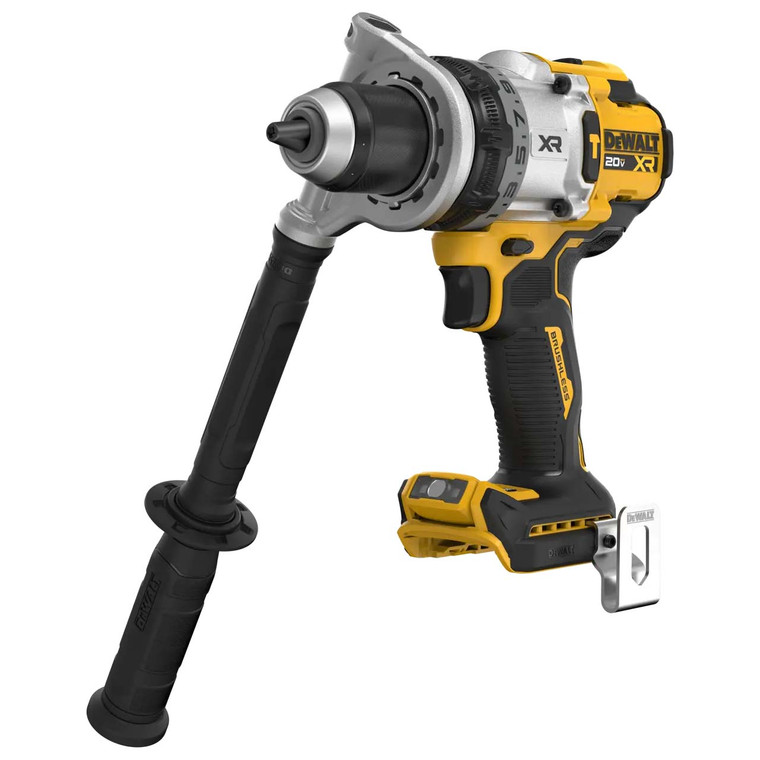 Angled front view of DEWALT DCD1007B 20V MAX XR 3-speed hammer drill featuring a metal chuck and adjustable side handle.