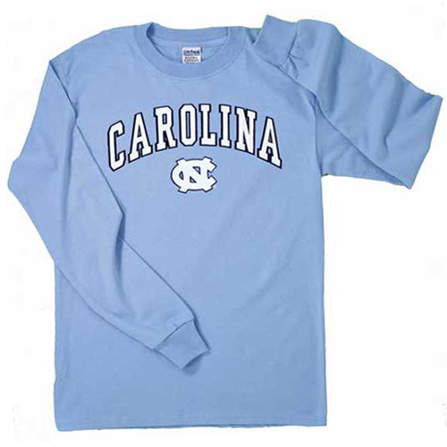 Carolina blue long sleeve tee with a two color Carolina arced above an interlocking NC.