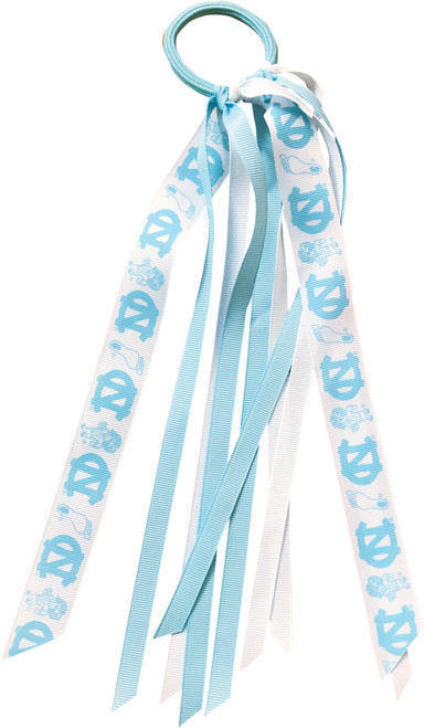 Divine Creations Fan Tails-Blue and White Pony Tail Holder with Streamers-Repeating NC-Standing Ram-Tar Heel Foot