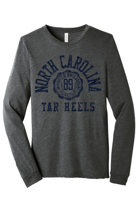 North Carolina LONG SLEEVE TRIBLEND Tee - Gray Heather with Faded North Carolina Arc and Faux Seal