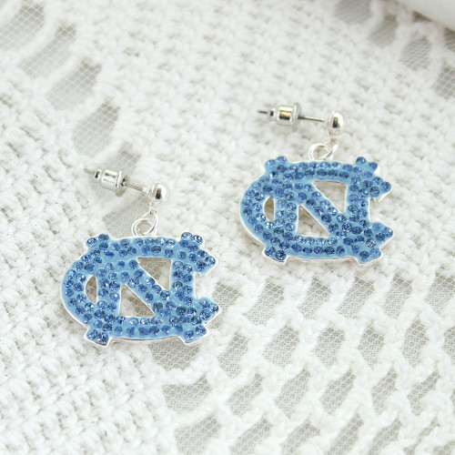 Carolina Blue rhinestones in shape of interlocking NC on earring post.