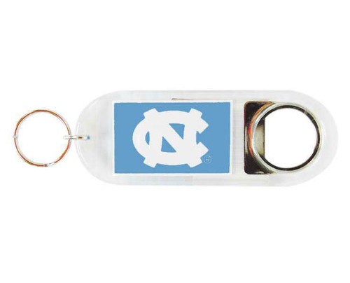 Carolina key chain that is lucite with interlocking NC on one side and Tar Heels on the other with a penny at the end.