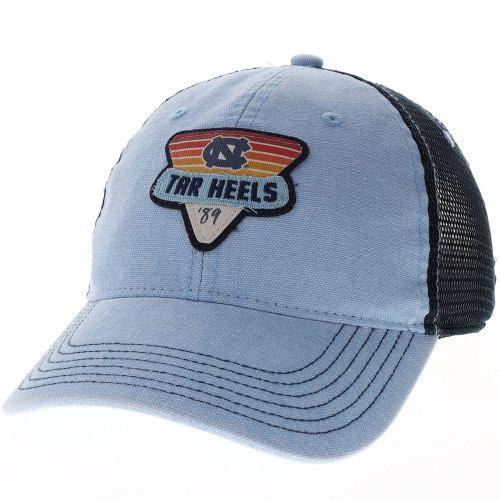 Carolina Blue trucker with triangle patch design sunset with interlock NC and Tar Heels