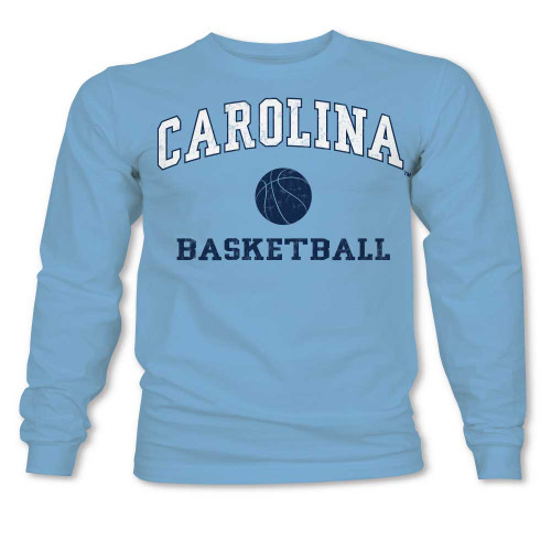 Intentionally faded design that has an arched Carolina over a ball with Basketball underneath.