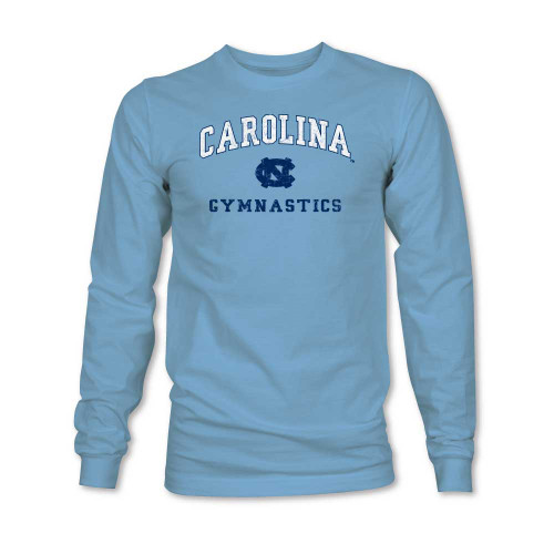 Intentionally faded design that has an arched Carolina over an interlock NC and Gymnastics underneath.