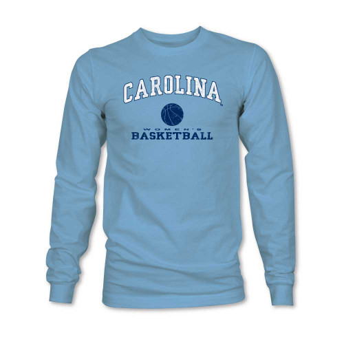 Intentionally faded design that has an arched Carolina over a ball with Women's Basketball underneath.
