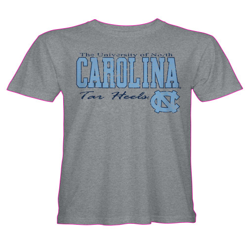 This is a YOUTH Oxford gray tee with multilevel design.  It starts with small lettering - University of North Carolina then big block CAROLINA over a hand written script Tar Heels and finally an interlock NC.  All of it already cracked and faded to look like an old favorite.  Most heathered gray tees are 90% cotton and 10% polyester.