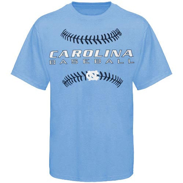 Carolina blue tee with a Carolina Baseball and the outline stitches of a baseball screen print logo.