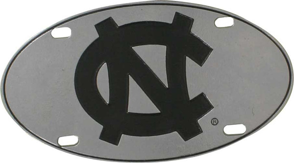 An oval pewter license plate with a black interlocking NC in the center.