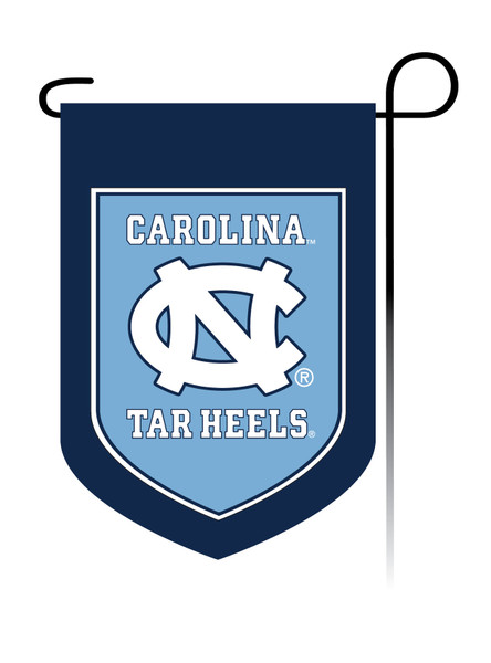 garden flag that states Carolina over an interlocking NC then Tar Heels.  Shield shape.