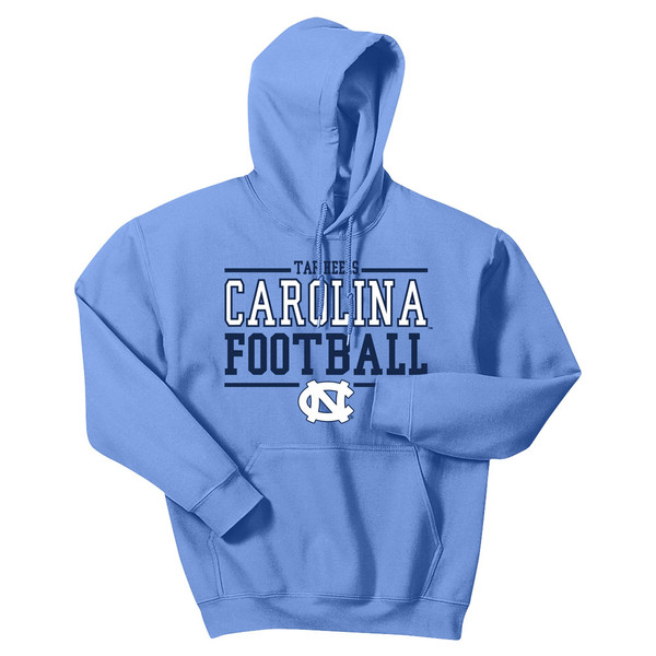 Carolina Blue hood with design Carolina Football with lines and an interlock NC.