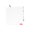 front view of the ABB ReliaHome Smart Panel (Indoor) showing connection ports, control dials, and a flexible conduit, with a sleek white design and ABB logo.