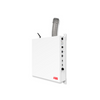right side view of the ABB ReliaHome Smart Panel (Indoor) showing connection ports, control dials, and a flexible conduit, with a sleek white design and ABB logo.