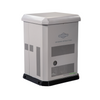 Briggs & Stratton PowerProtect standby generator, tall rectangular design with vented front panels, gray enclosure, and black base, shown angled from the side. Briggs & Stratton PowerProtect standby generator, tall rectangular design with vented front panels, gray enclosure, and black base, shown angled from the side.
