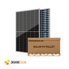 Pallet of ZNShine 550W bifacial solar panels with double-glass design for durable, Pallet of ZNShine Solar 550W panels with front and back view of bifacial design.