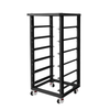 Black steel battery rack frame with multiple mounting levels, designed to hold stacked lithium batteries. The open-frame structure includes side rails for secure battery placement and heavy-duty locking caster wheels for easy mobility during installation or maintenance.