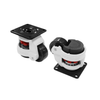 Close-up of two heavy-duty caster wheels with white mounting plates and black wheels, featuring built-in shock absorption and locking mechanisms.